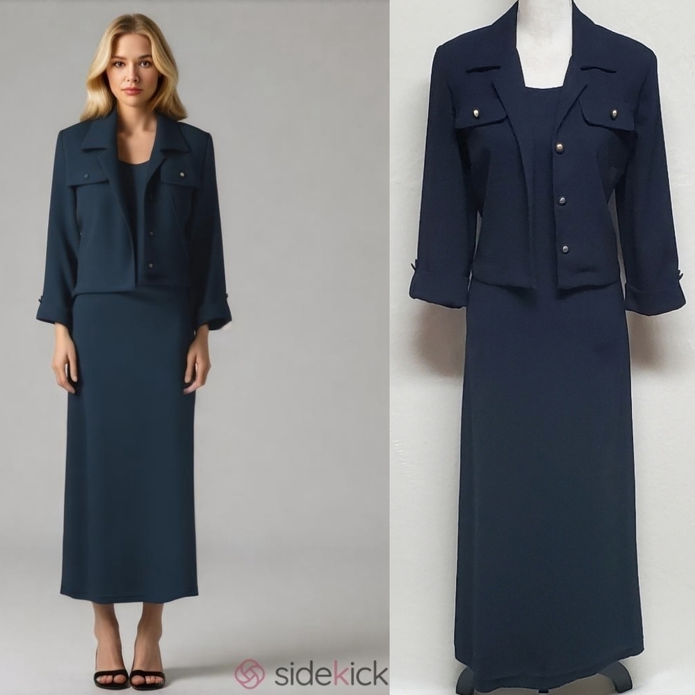 Leslie Belle Vintage Navy Blue Knit Gold Button Cropped Jacket Maxi Dress Set 10
